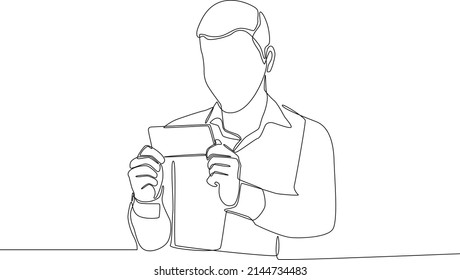 Continuous one line drawing Man hand holding the smartphone with horizontal position. Single line draw design vector graphic illustration.