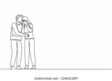 Continuous one line drawing man hugging soothing sad depressed frustrated crying woman holding shoulders and discussing problems. Support, stress, depression. Single line draw design vector graphic