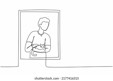 Continuous one line drawing man holding cat   looking through window  Stay home  stay safe during pandemic  Coronavirus quarantine isolation warning  Single line design vector graphic illustration