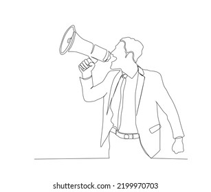 Continuous one line drawing of man holding megaphone speaker. Horn speaker hold by man, sign and symbol for announcement and news. Single line drawing vector illustration.