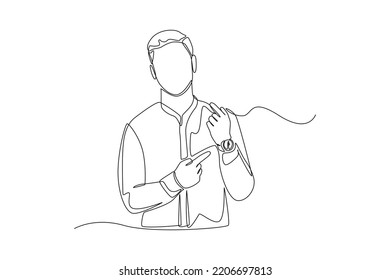 Continuous one line drawing man in worker pointing at wrist watch. Timer concept. Single line draw design vector graphic illustration.