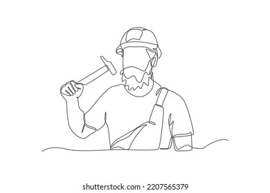 Continuous one line drawing a man construction holding hammer in one hand ready to work. Construction and building concept. Single line draw design vector graphic illustration.