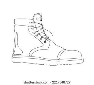 Continuous one line drawing of man work boot. Safety hiking boot line art drawing.