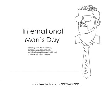 Continuous One line drawing of  man face and lettering International Men's Day. Concept Men's Day card Continuous line style. 