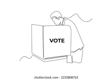 Un hombre que sigue una línea haciendo votos en una cabina para las elecciones generales regionales o presidenciales. Concepto de votación. Ilustración gráfica vectorial de diseño de líneas simples.