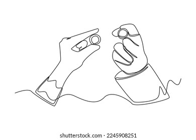 Continuous one line drawing Man and woman holding wedding rings in their hands. Wedding Concept. Single line draw design vector graphic illustration.
