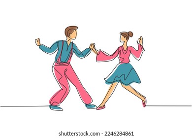 Continuous one line drawing man and woman dancing Lindy hop or Swing together. Male and female characters performing dance at school or party. Single line draw design vector graphic illustration
