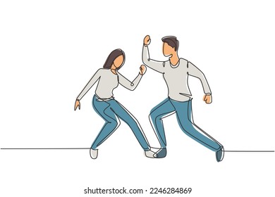 Continuous one line drawing man and woman dancing Lindy hop or Swing. Male and female characters performing dance at school or party. Fun lifestyle. Single line draw design vector graphic illustration