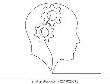 Continuous one line drawing of man  head  with lightbulb with gears inside as line drawing on white background. Vector