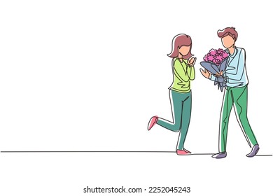 Continuous one line drawing man making proposal marriage to woman with bouquet. Boy surprises his girl and giving flowers. Engagement and love relation. Single line design vector graphic illustration