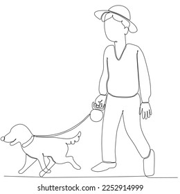 Continuous one line drawing of man holding dog leash while walking. Vector illustration