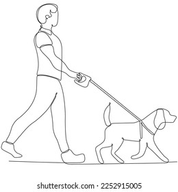 Continuous one line drawing of man holding dog leash while walking. Vector illustration
