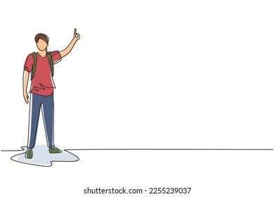 Continuous one line drawing man with a big backpack stopped a ride by thumbing. Hitchhiking road travel. Boy with backpack traveling by auto stop. Single line draw design vector graphic illustration