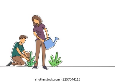 Continuous one line drawing man woman gardening plants. People growing plant, greens on soil, gathering harvest. Husband kneeling, wife with water can planting flowers. Single line draw design vector