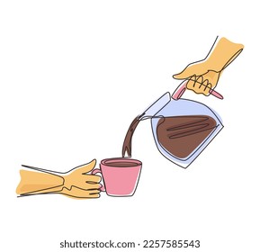 Continuous one line drawing man is pouring hot black coffee from coffee pot into cup on in the morning. Brewing coffee at home. Stainless steel pot. Morning routine. Single line draw design vector