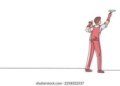 Continuous one line drawing man janitors cleaners cleaning windows with cleaning tools. City view skyscrapers. Professional employee of cleaning company working process. Single line draw design vector