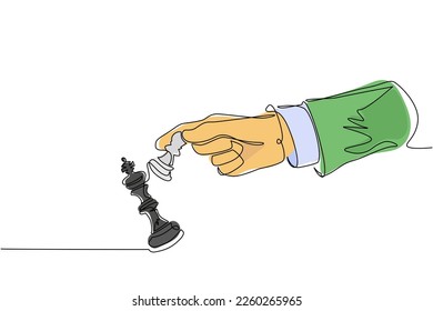 Continuous one line drawing man hand holding chess pawn. Male use pawn chess piece to crash opposite team king figure. Checkmate. Win in chess game. Single line draw design vector graphic illustration