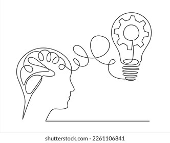Continuous one line drawing of man  head  with lightbulb with gears as line drawing on white background. Vector