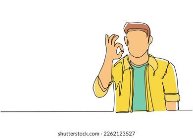 Continuous one line drawing man in casual clothes gesturing ok sign. Okay sign, gesture language concept. Smiling man standing showing ok sign with fingers. Single line draw design vector illustration