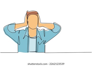 Continuous one line drawing man covering or closing his ears with hands, making don't hear or listen gesture. Male does not want to hear or listen. Single line draw design graphic vector illustration