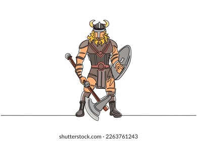 Un hombre guerrero que sigue una línea vistiendo con casco de cuernos sujetando el hacha y el escudo. Caricatura masculina con arma en posición beligerante. Ilustración vectorial de diseño de líneas simples