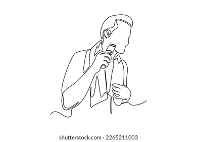 Continuous one line drawing man shaving beard. Healthcare at home concept. Single line draw design vector graphic illustration.