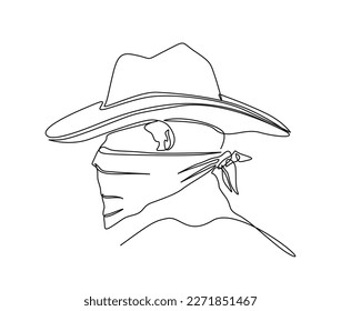 Continuous one line drawing of man wearing cowboy hat. Simple cowboy bandit  line art vector illustration.  