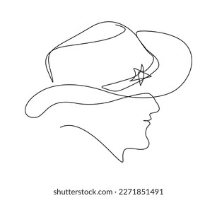 Continuous one line drawing of man wearing cowboy hat. Simple cowboy line art vector illustration.  