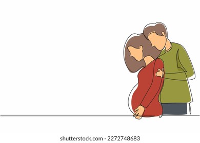 Continuous one line drawing man or husband carefully embraced pregnant woman. Husband and wife are expecting baby, young parents, family support. Single line draw design vector graphic illustration