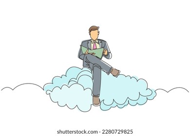 Continuous one line drawing man sitting on cloud reading a book. Businessman. Teacher. Lawyer. Marketer. Director. Chief. Financier. Higher education. Career growth. Single line draw design vector
