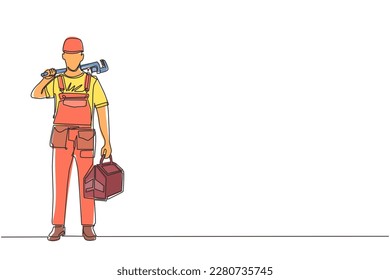 Durchlaufend eine Linie zeichnen Mann Klempner mit Schlüssel und Werkzeuge in den Händen stehen isoliert. Professioneller Serviceman-Charakter in einheitlicher, arbeitsbereit. Vektorgrafik-Design für einzelne Linien