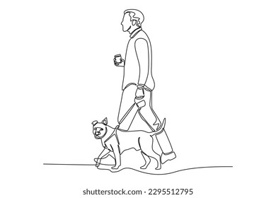 Continuous one line drawing man walking with his dog. Urban pets concept. Single line draw design vector graphic illustration.