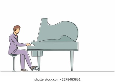 Continuous one line drawing man plays piano. Male performer sits at musical instrument and plays jazz or blues. Professional musician. Person performs on stage. Single line draw design vector graphic