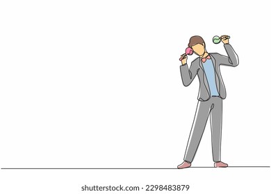 Continuous one line drawing man street band player mariachi plays maracas. Male performer with maracas musical instruments, mariachi player at national festival. Single line draw design vector graphic