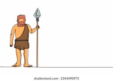 Un hombre de dibujo de una línea continua con una vieja cueva de lanza prehistórica. Caracter de caza edad primitiva masculina, vida silvestre tiempo antiguo. Cazador de la edad de piedra. Ilustración vectorial de diseño de líneas simples