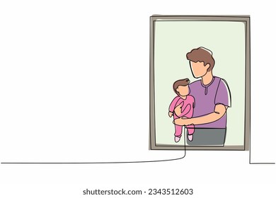 Continuous one line drawing man holding newborn baby near window. Child lies on in dad's arms. Man taking care of child. Dad on maternity leave with baby. Single line draw design vector illustration