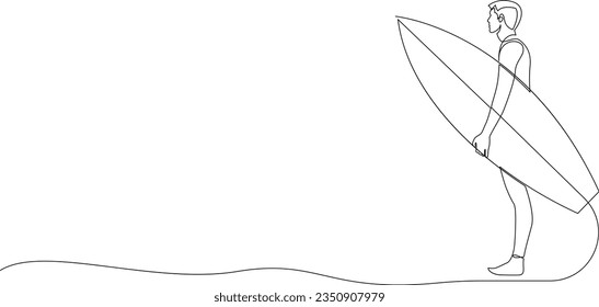 Continuous one line drawing of man holding surfboard. Vector illustration.