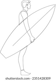 Continuous one line drawing of man holding surfboard. Vector illustration.