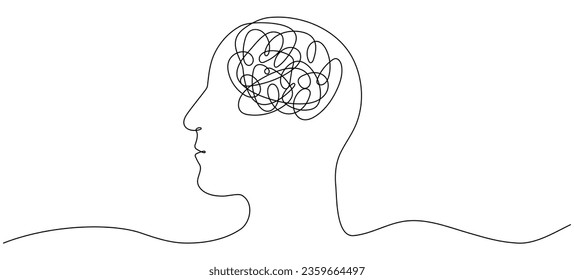 Continuous one line drawing of man head. Male head with confused thoughts. Depressed concept. Bad mental health linear symbol. Vector illustration isolated on white.