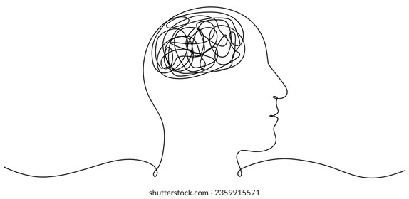Continuous one line drawing of man head. Male head with confused thoughts. Depressed concept. Bad mental health linear symbol. Vector illustration isolated on white.
