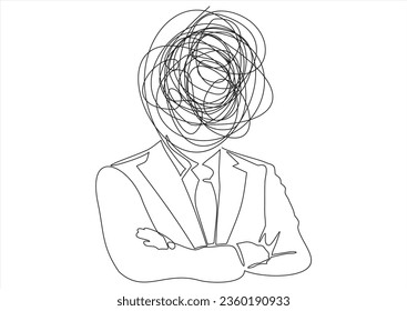 Continuous one line drawing of man head with messy thoughts worried about bad mental health. Problems, stress, headache and grief concept in doodle style. Linear Vector illustration