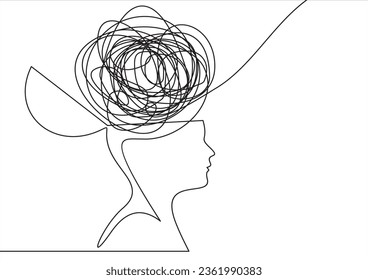 Continuous one line drawing of man head with messy thoughts worried about bad mental health. Problems, stress, headache and grief concept in doodle style. Linear Vector illustration