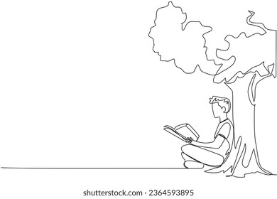 Continuous one line drawing man sitting reading book under shady tree. Continuing the second volume of the fiction story book. Enjoy reading. Book festival. Single line draw design vector illustration
