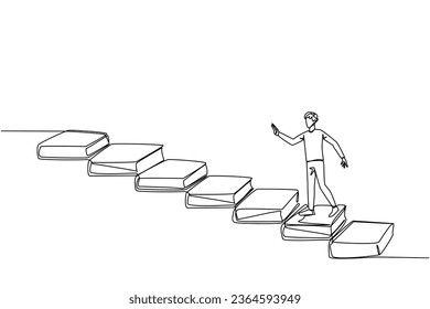 Continuous one line drawing man climb stairs from books. Reading increases knowledge which can increase the dignity of a better life. Book festival concept. Single line draw design vector illustration