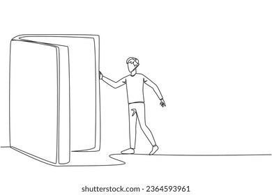 Continuous one line drawing man open the book-shaped door. Books can open mind and see everywhere. Increase knowledge about the wider world. Book festival. Single line draw design vector illustration