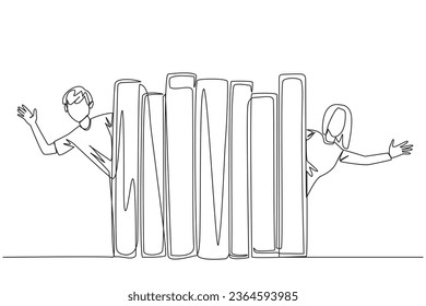 Continuous one line drawing man woman appears from behind a row of books. Invitation to read books at the library. Like to reading a book. Book festival concept. Single line draw vector illustration