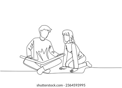 Continuous one line drawing man woman sit down and put reading book on feet. Interesting to read the complete geographic map. Eliminate curiosity. Book festival. Single line design vector illustration