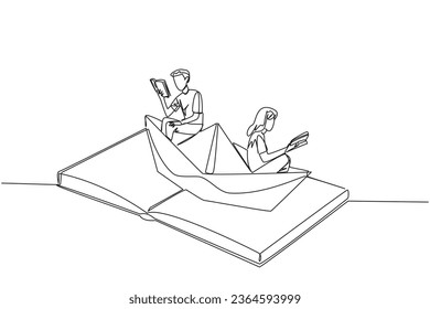Continuous one line drawing man woman reading book on a paper boat. Maintain the good habits. The metaphor of reading can explore oceans. Book festival concept. Single line design vector illustration