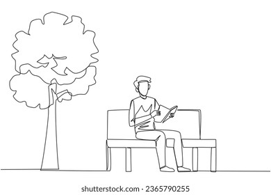 Continuous one line drawing man sitting on park bench reading book. Learn by re-reading textbook. Read to get maximum marks. Reading increase insight. Single line draw design vector illustration