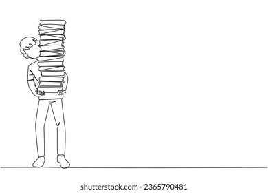 Continuous one line drawing man carrying tall stack of books covering himself. Newly purchase book from bookstore. Read books one by one at home. Love read. Single line draw design vector illustration